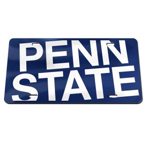 navy acrylic license plate with white PENN STATE on a slant